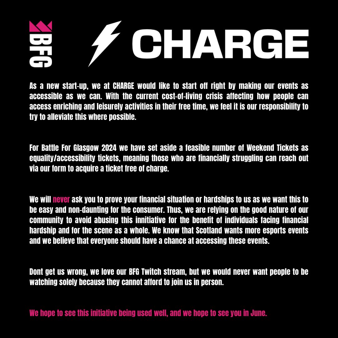 📢 Announcement 📢

We at CHARGE want to provide everyone with an equal opportunity to attend #BFG24 so no one misses out! 

Please take a moment to read and if you think this would be something that would help to support you, don’t hesitate to get in touch 😊