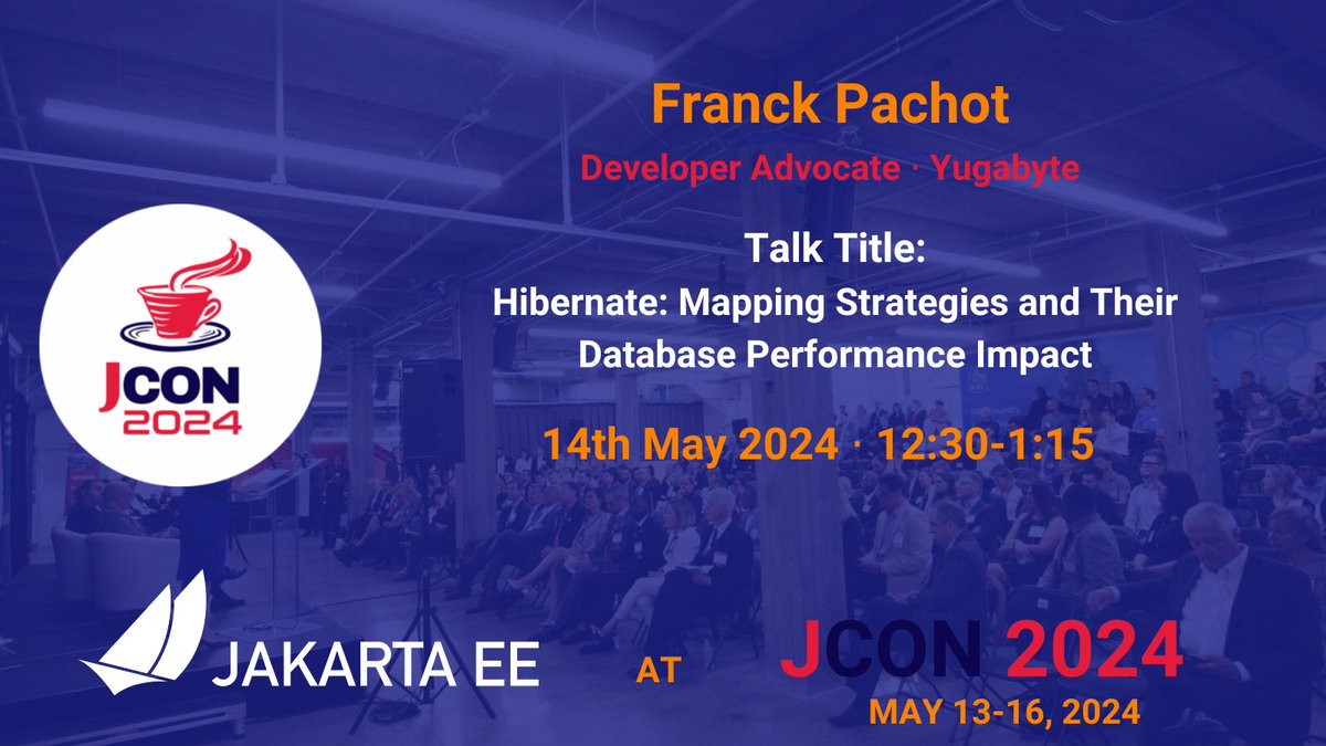 Join us at #JCON2024 with @FranckPachot on 14 May 2024 at 12:30 PM CET for “Hibernate: Mapping Strategies and Their Database Performance Impact” and stop by our booth. Get your free tickets today! Promo code: ECLIPSE-AT-JCON hubs.la/Q02v93qq0