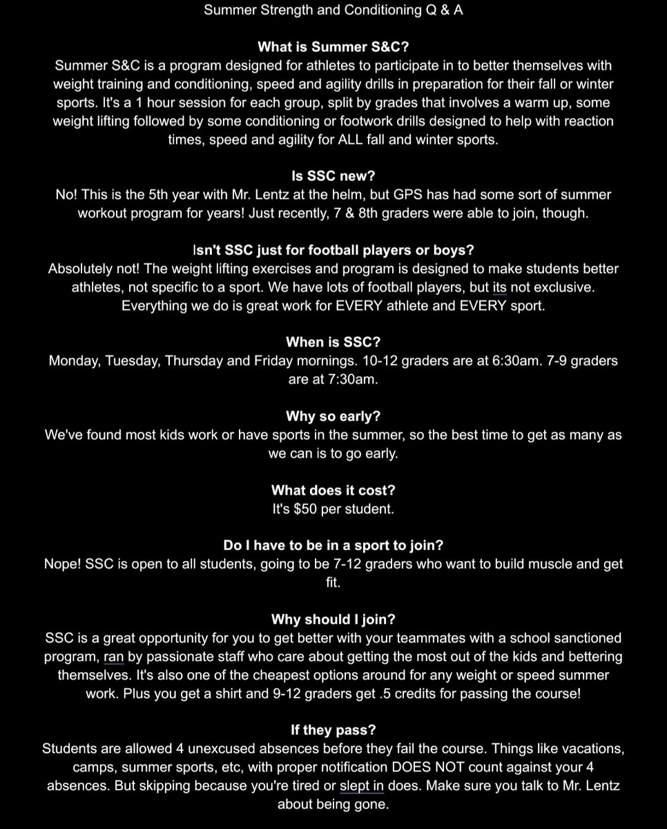 StrengthSpoiler's tweet image. Are you a student athlete who wants to get better, faster, stronger, more explosive? ALL students in ALL sports &amp;amp; activities are welcome. Sign up, show up, put in the work, feel better and better prepare yourself for your fall sport. Any questions, ask Mr. Lentz!