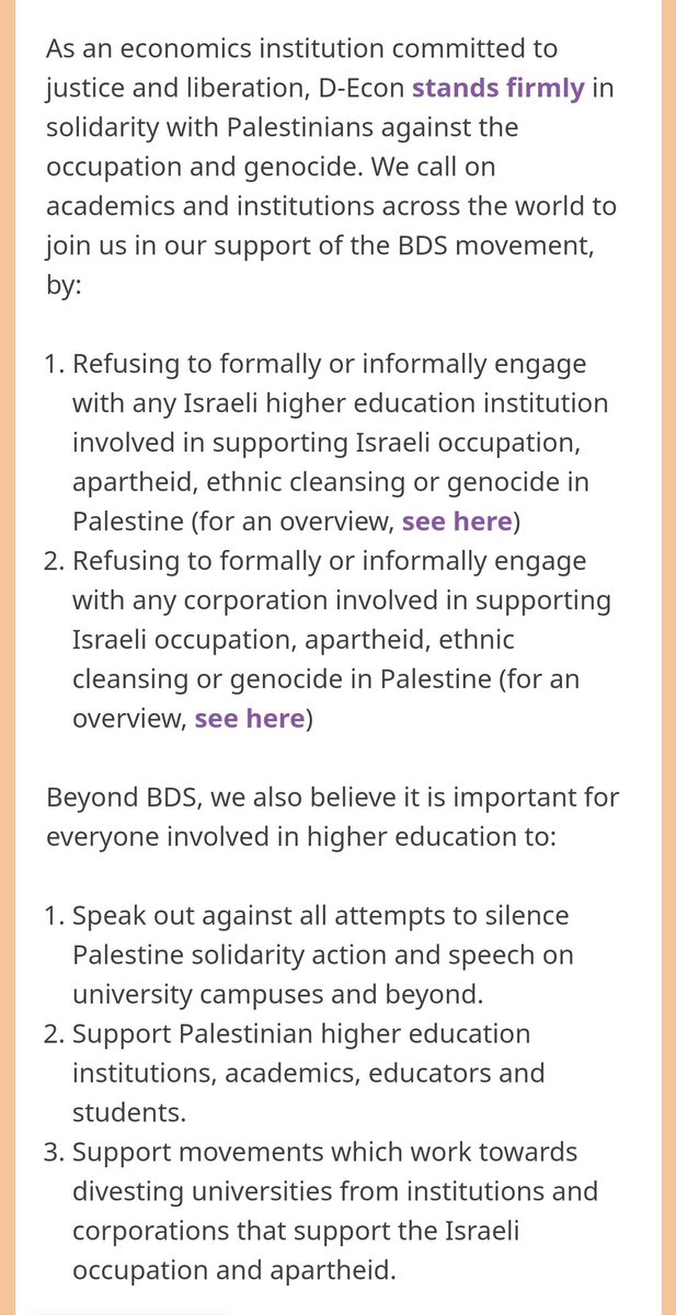 As an econ institution committed to justice and liberation, D-Econ stands firmly with Palestinians against occupation and genocide. We call on academics and institutions across the world to JOIN US in supporting the BDS movement by signing this pledge 👇 d-econ.org/bds-pledge/