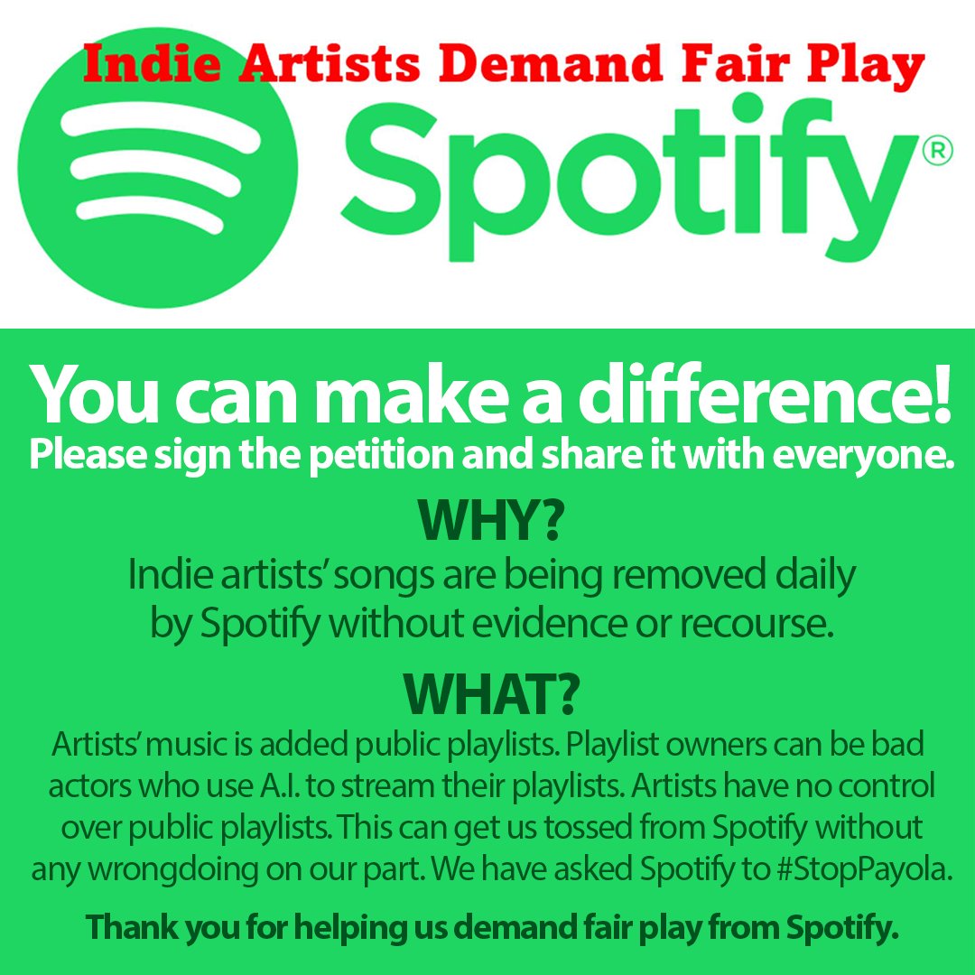 Sign & share the petition now!
Support #indieartists being mistreated by @Spotify! They have been removing #indiemusic without any explanation. This is unfair & unjust. We demand fair play from Spotify!

Sign: chng.it/bbbj7rkvTD

#StopPayola #spotify #spotifyforartists