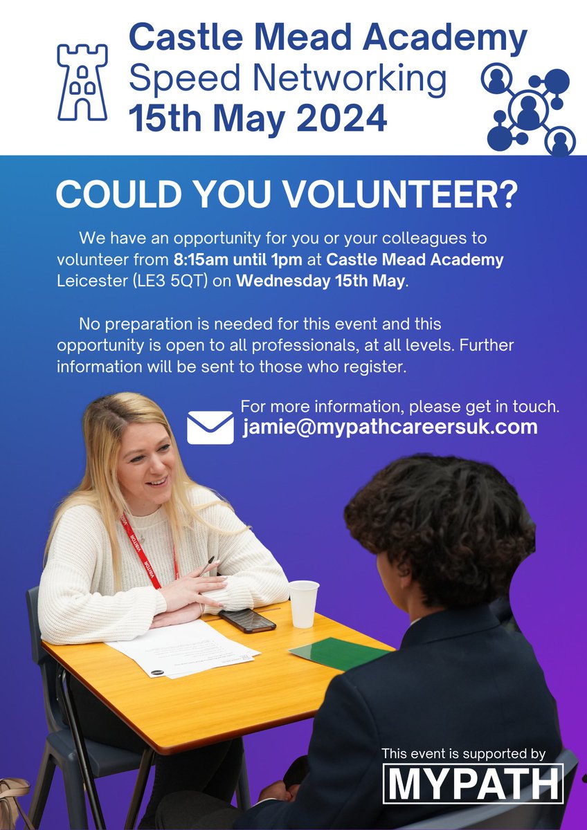 CMA Speed Networking Day Could you be a volunteer? 📍Castle Mead Academy 📅 Wednesday 15th May ⏰8.15am until 1pm For more information please email jamie@mypathcareersuk.com