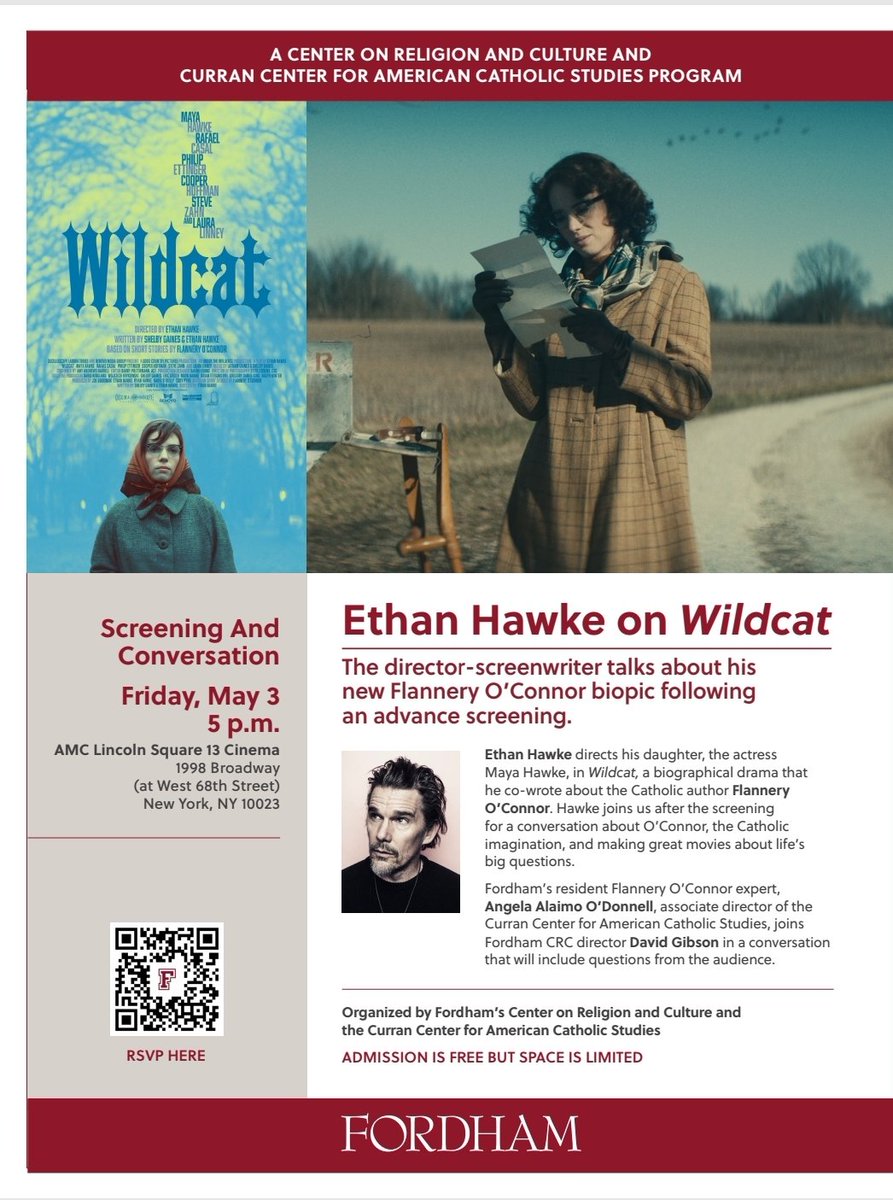 I'm thrilled to be interviewing Ethan Hawke on May 3, along with David Gibson, after the NYC premiere of WILDCAT. The private screening is sponsored by @FordhamNYC University's @curran_center & @CRCfordham @FordhamPress @paracletepress securelb.imodules.com/s/1362/18/inte…
