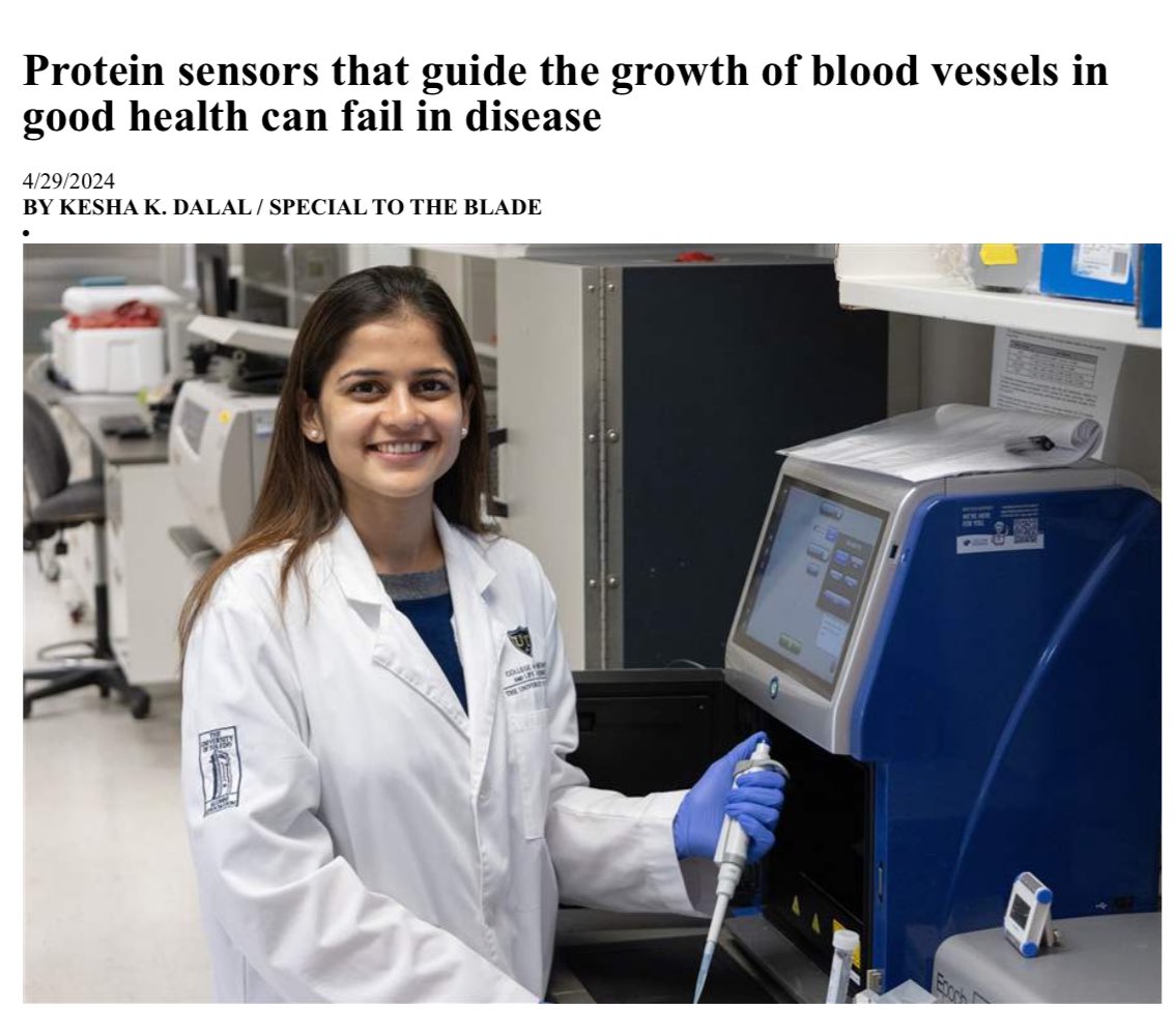 Kesha K. Dalal, a Ph.D. candidate in molecular medicine track from Dr. Charles Thodeti's laboratory had her research story "Protein sensors that guide the growth of blood vessels in good health can fail in disease" published in The Blade.
toledoblade.com/a-e/culture/20…

Congratulations!