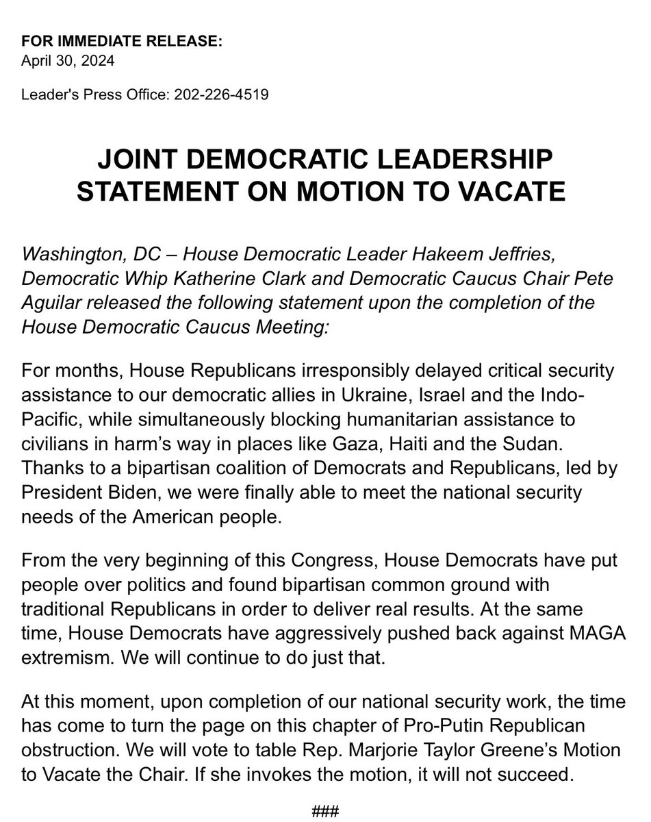 JUST IN: House Dem Leadership announces they will support a motion to table MTG’s attempt to vacate @SpeakerJohnson as chair: