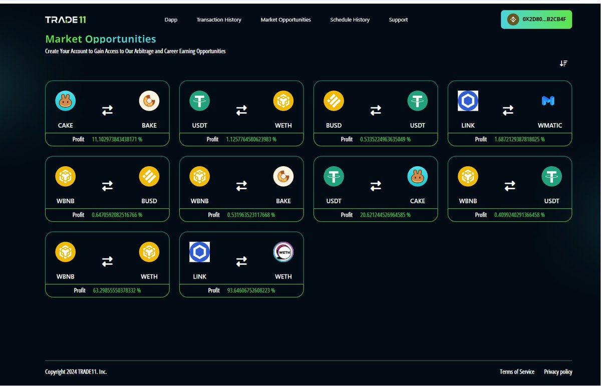 We are just a step ahead...!

Our ai tech started capturing opportunities. Integration with various aggregators and exchanges underprogress.

Soon, we going to announce the Official Trading Launch..

#trade11io #trade11net #FlashLoans #flashloan #arbitragetrading