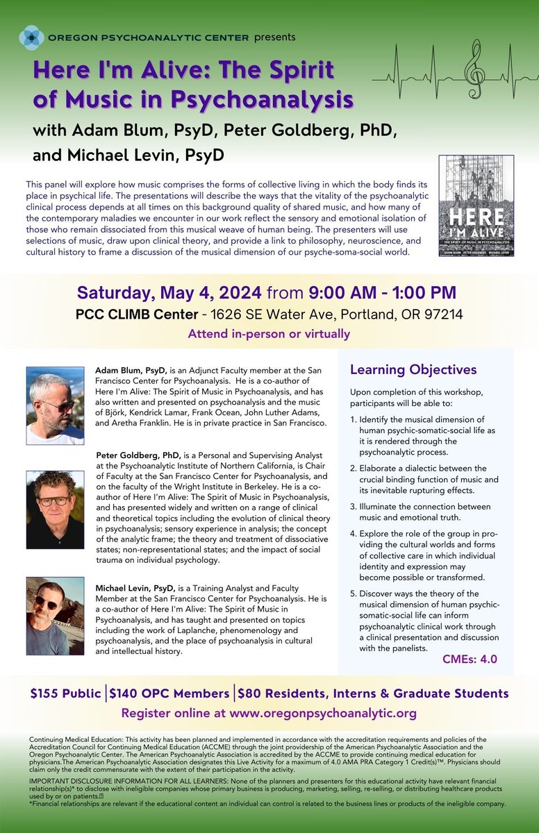 Join Adam Blum, PsyD, Peter Goldberg, PhD, & Michael Levin, PsyD for a workshop about HERE I AM ALIVE, on Saturday, May 4, from 9 AM to 1 PM. Get your ticket today! buff.ly/3wbewOI