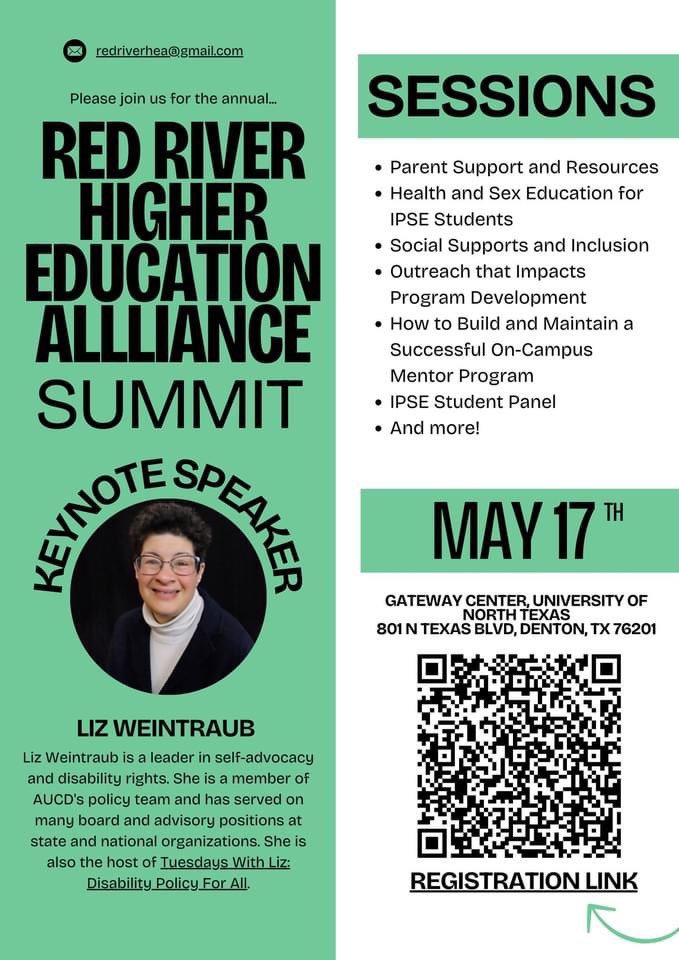 UNT ELEVAR (@untelevar) on Twitter photo The Red River Higher Education Alliance Summit is right around the corner! Register to hear from keynote speaker, Liz Weintraub, and students, and to connect with other IPSE professionals on May 17th! 
<a href="/thinkcollegeICI/">Think College</a> The Red River Higher Education Alliance Summit is right around the corner! Register to hear from keynote speaker, Liz Weintraub, and students, and to connect with other IPSE professionals on May 17th! 
<a href="/thinkcollegeICI/">Think College</a>