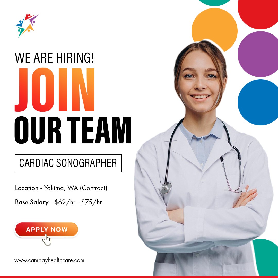 Calling all Cardiac Sonographers in Yakima, WA! 🫀
Cambay Healthcare is searching for a passionate and skilled sonographer to join our team!
Apply here - lnkd.in/gRw5Qnay

#HiringAlert #YakimaJobs #HeartHealth #SonographerLife #CambayHealthcare