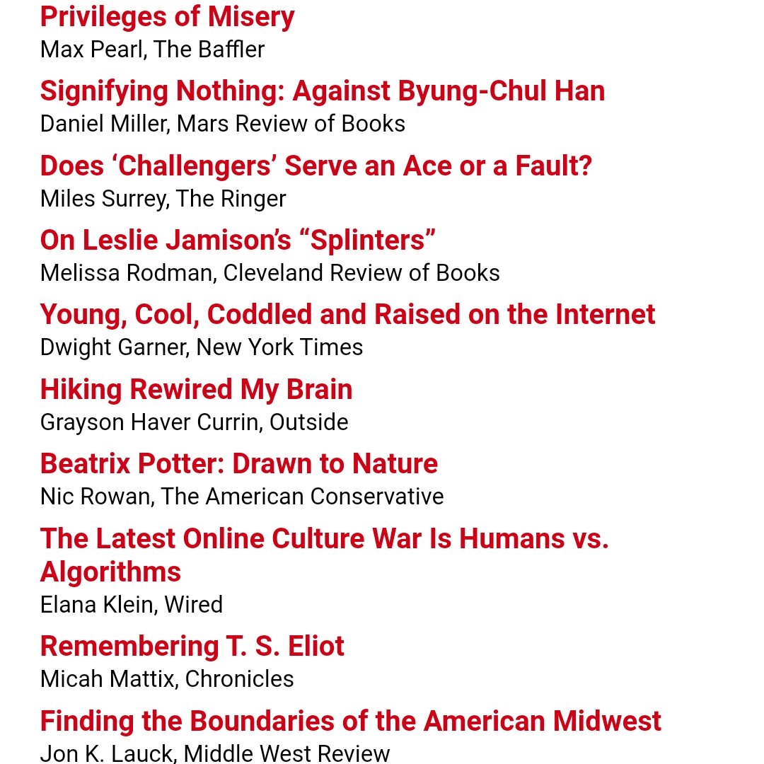 realclearbooks.com Tuesday reads: @maxpearl for @thebafflermag, @melissa_rodman for @clereviewbooks, @NicXTempore for @amconmag, @micahmattix for @ChroniclesMag, @HKSurrey for @ringer, and many others.