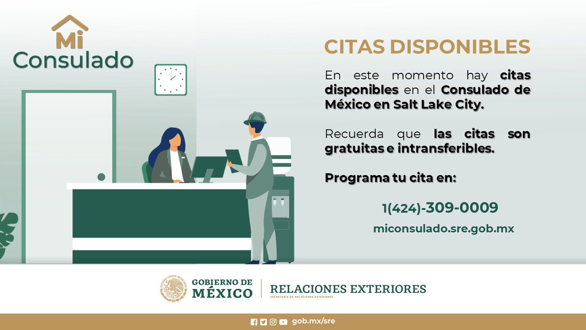 CITAS DISPONIBLES PARA #PASAPORTE, #MATRÍCULACONSULAR Y #CREDENCIALPARAVOTAR

Hay #citas disponibles para la próxima semana del 06 al 10 de mayo de 2024. Haga su cita a través de #MiConsulado
1-424-309-0009 || citas.sre.gob.mx

@ConsulMexSal