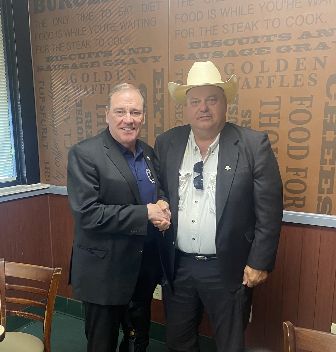 Good to see my friend Taylor County Sheriff Wayne Padgett during my swing through the district! Whether it's debris removal after Idalia or working to keep drugs off the streets, Sheriff Padgett & his office have been great partners. Taylor County is lucky to have them! #FL02