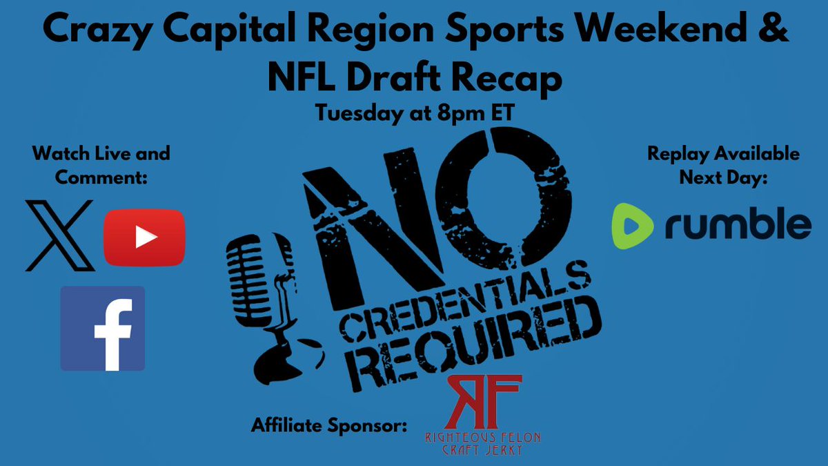 The boys are back tonight at 8pm ET! They'll recap a chaotic Capital Region sports weekend, the best and worst of the #NFLDraft, & judge how well their respective teams drafted. Watch & comment here or on our other channels: YouTube: youtube.com/@nocredsreq Facebook:
