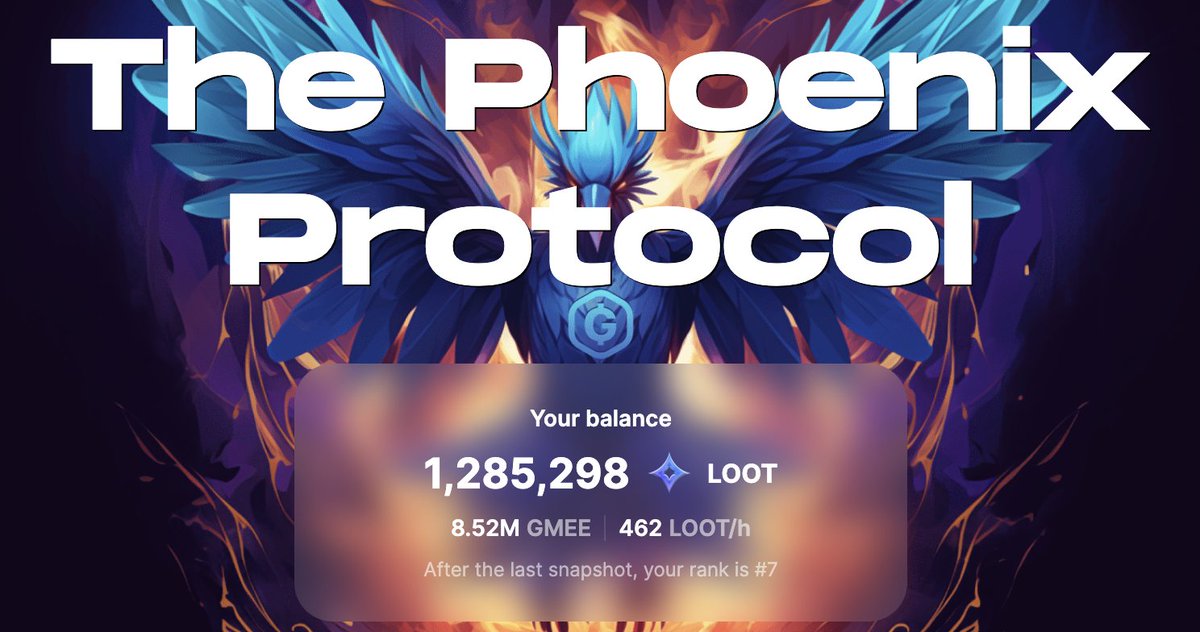 Ways to get Phoenix Protocol Loot: 

✨Phoenix Protocol Website: points.gamee.com
⛏️Telegram Mining: t.me/gamee/mining
🎮Arc8 x Mocaverse Events: arc8.com
⚡️Zealy Quests: zealy.io/cw/gameeoffici…

How much Loot do you have? 👀
$GMEE
