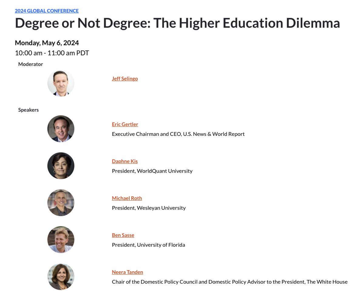 All star panel next week at @MilkenInstitute with presidents of @uflorida and @wesleyan_u and White House Domestic Policy Council and U.S. News. What would you ask?