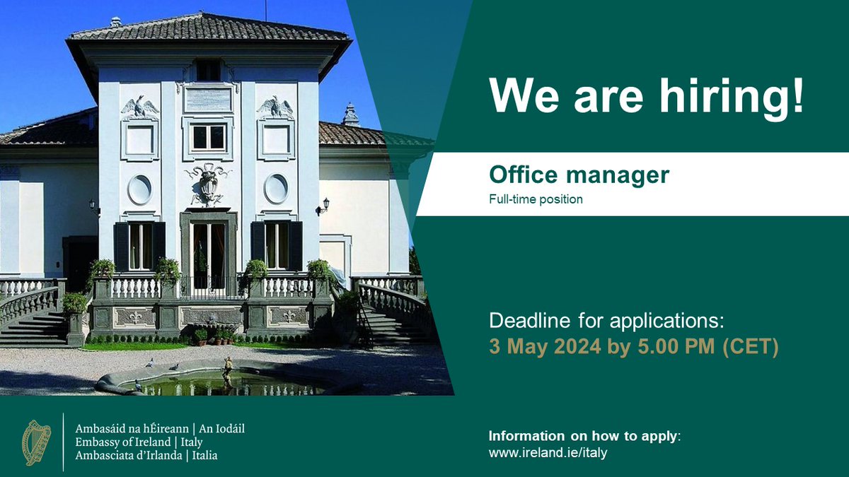 Remember: applications for the position of Officer Manager are open until 3 May at 5 PM (CET)💼 The job description and more information on how to apply are available on our website ⬇️ ireland.ie/en/italy/rome/…