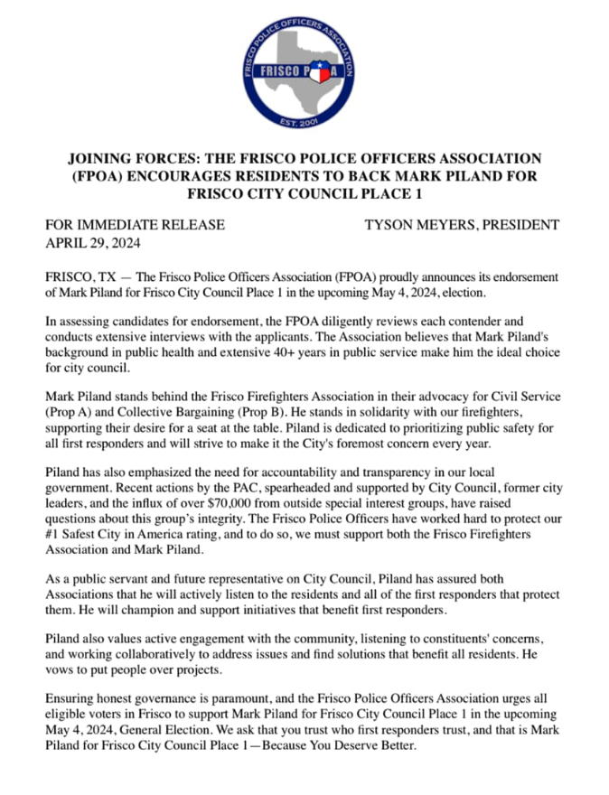 MarkForFrisco's tweet photo. JOINING FORCES: THE FRISCO POLICE OFFICERS ASSOCIATION (FPOA) ENCOURAGES RESIDENTS TO BACK MARK PILAND FOR FRISCO CITY COUNCIL PLACE 1 - Thank you Frisco Police Officers Association! It's truly an honor to have earned your trust.@friscopoa @FriscoFFs3732 @friscoisd #markforfrisco https://t.co/QtuZcY5ejC