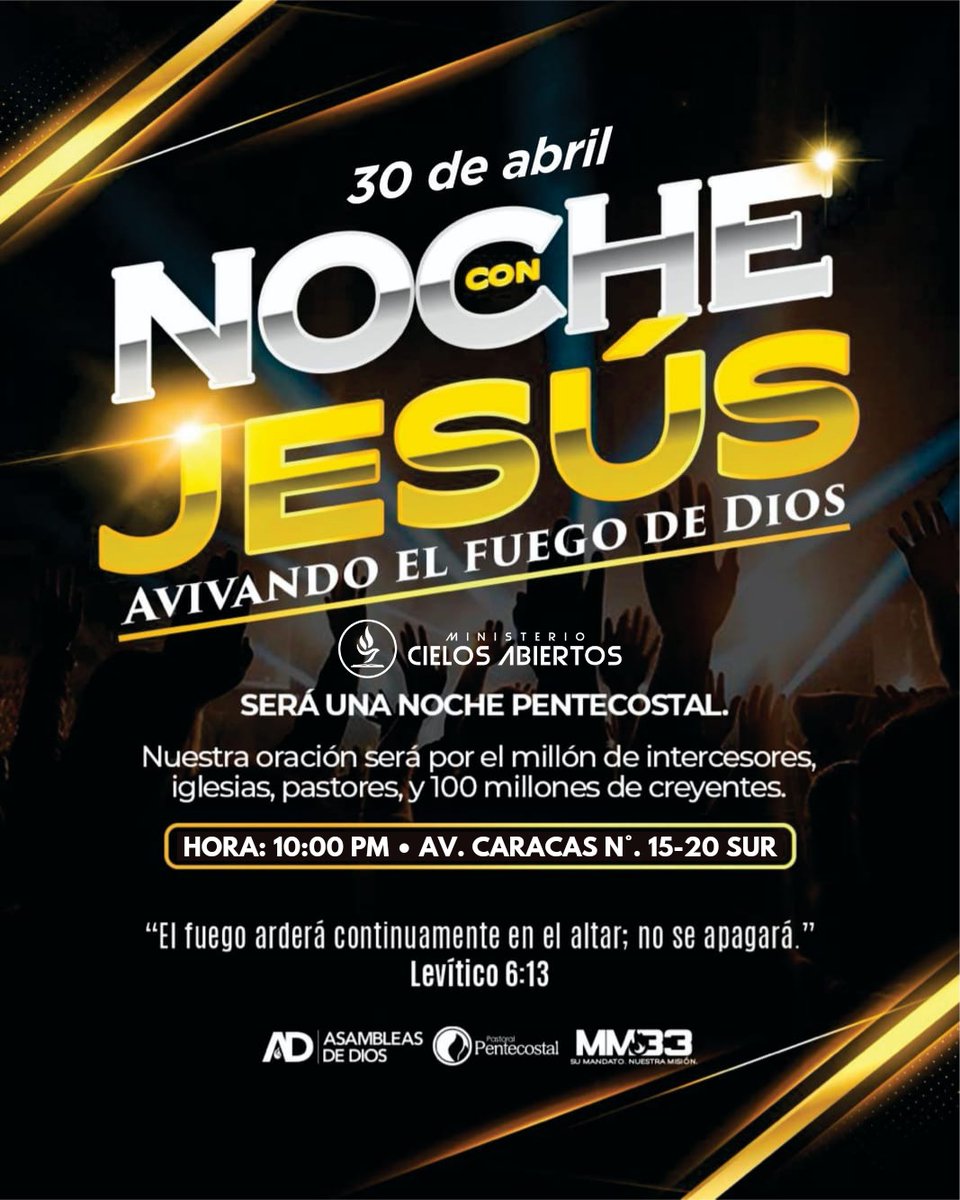 🙏🏻 HOY ❚  NOCHE • CON • JESÚS  ❚ 
🔹 MARTES 30 ABRIL | 10PM a 5AM, Sede Central: n9.cl/bqb6c
Y en cada sede del Ministerio Cielos Abiertos AD.

#nocheconJesus #velada #vigilia #oracion #intercesion #familia #amigos #jovenes #martes #worship #eventosbogota