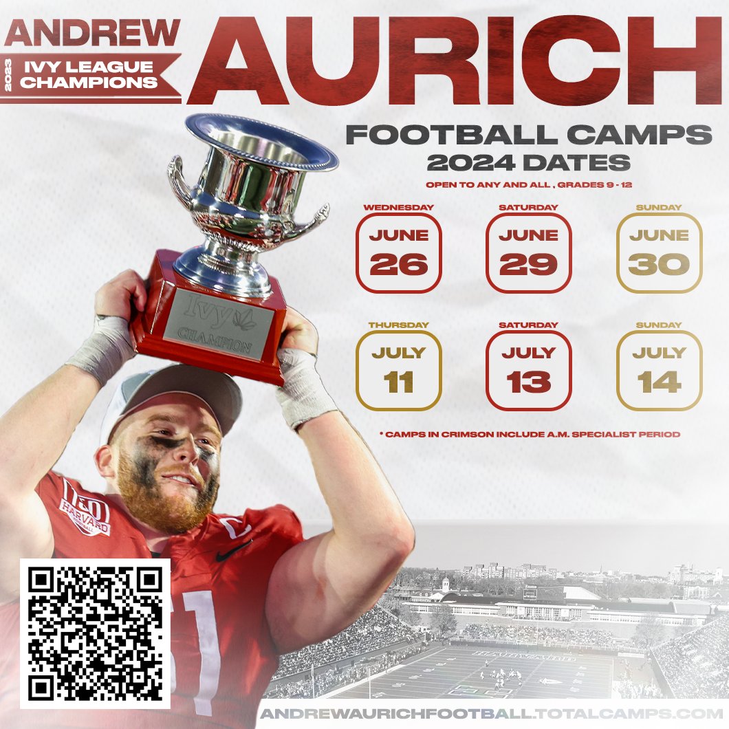 Camp Season is coming up and we want to see you in Cambridge ‼️ Get registered and see us this Summer ☀️ 📎andrewaurichfootball.totalcamps.com #GoCrimson