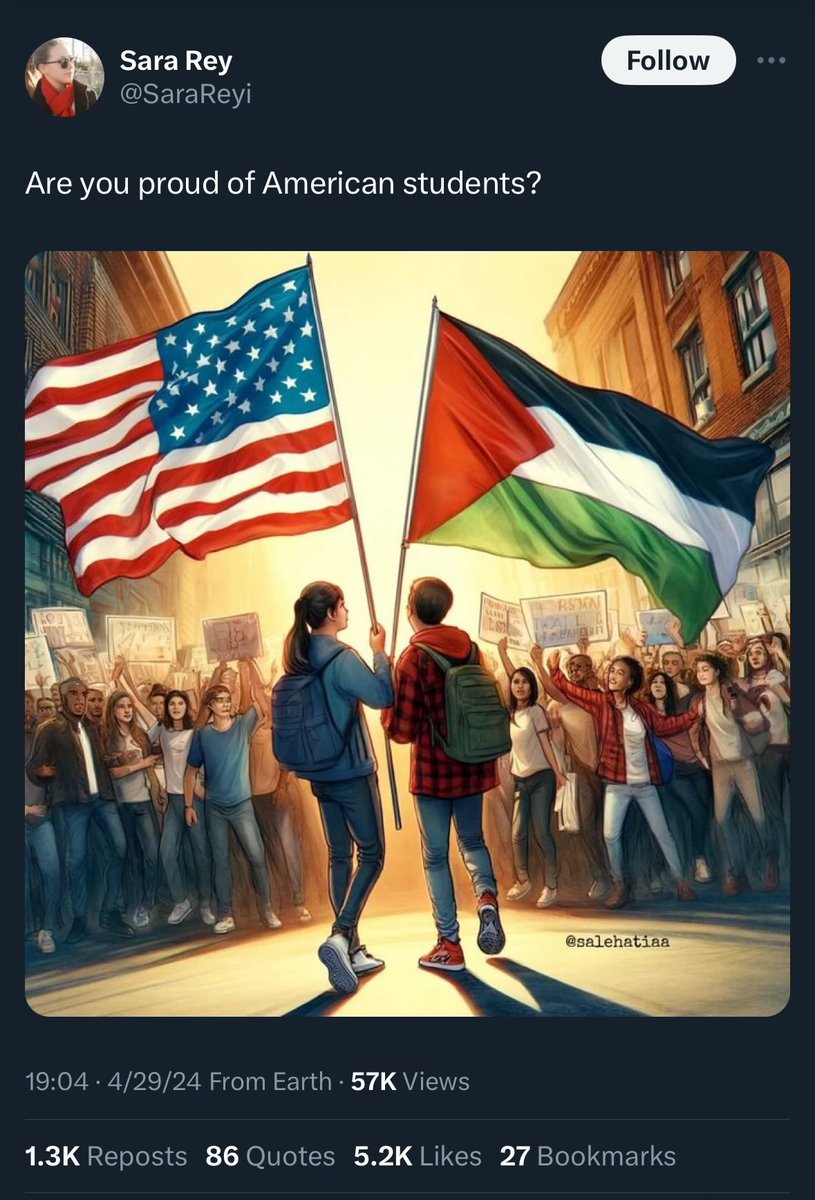 LOL, she has to use a cartoon because you can’t find an actual photo of pro-Palestinian protesters actually waving the American flag.
