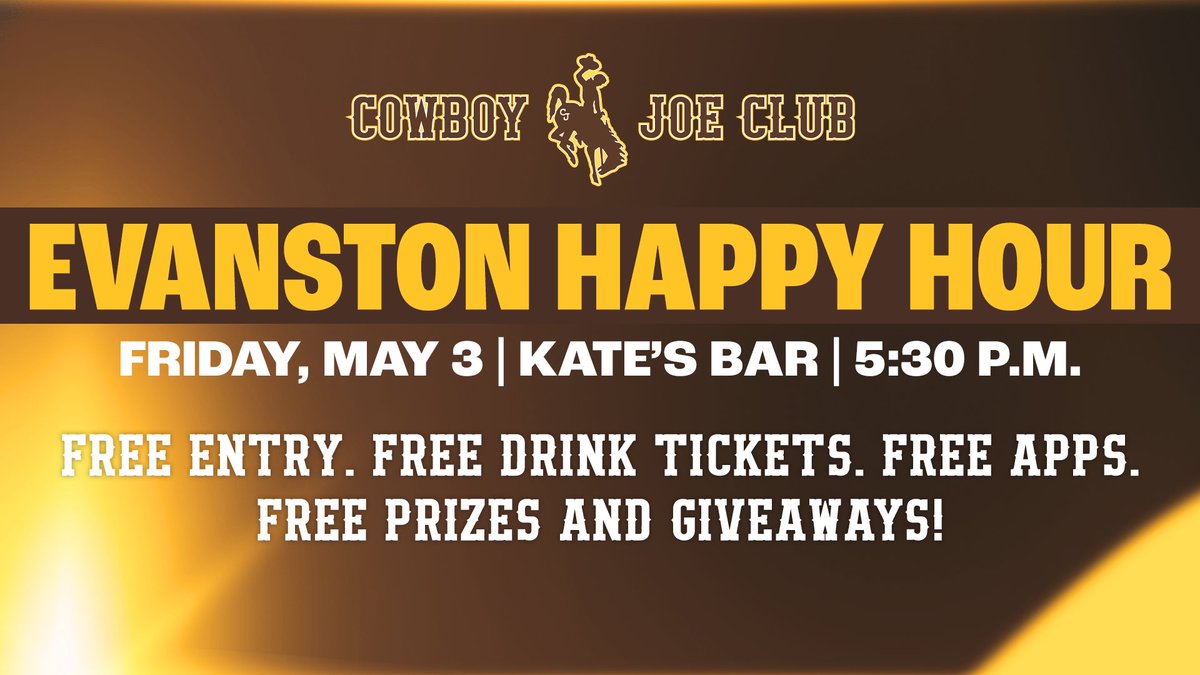 🚨HAPPY HOUR ALERT🚨

Join us in Evanston this Friday, May 3 for a night of fun with fellow Pokes 🎉👀

📍Kate's Bar (Evanston)
🕐5:30 p.m.
🎟️FREE

We'll have FREE drink tickets - FREE appetizers - FREE prizes and giveaways and more🤠

RSVP to ajewell3@uwyo.edu today!

#GoWyo