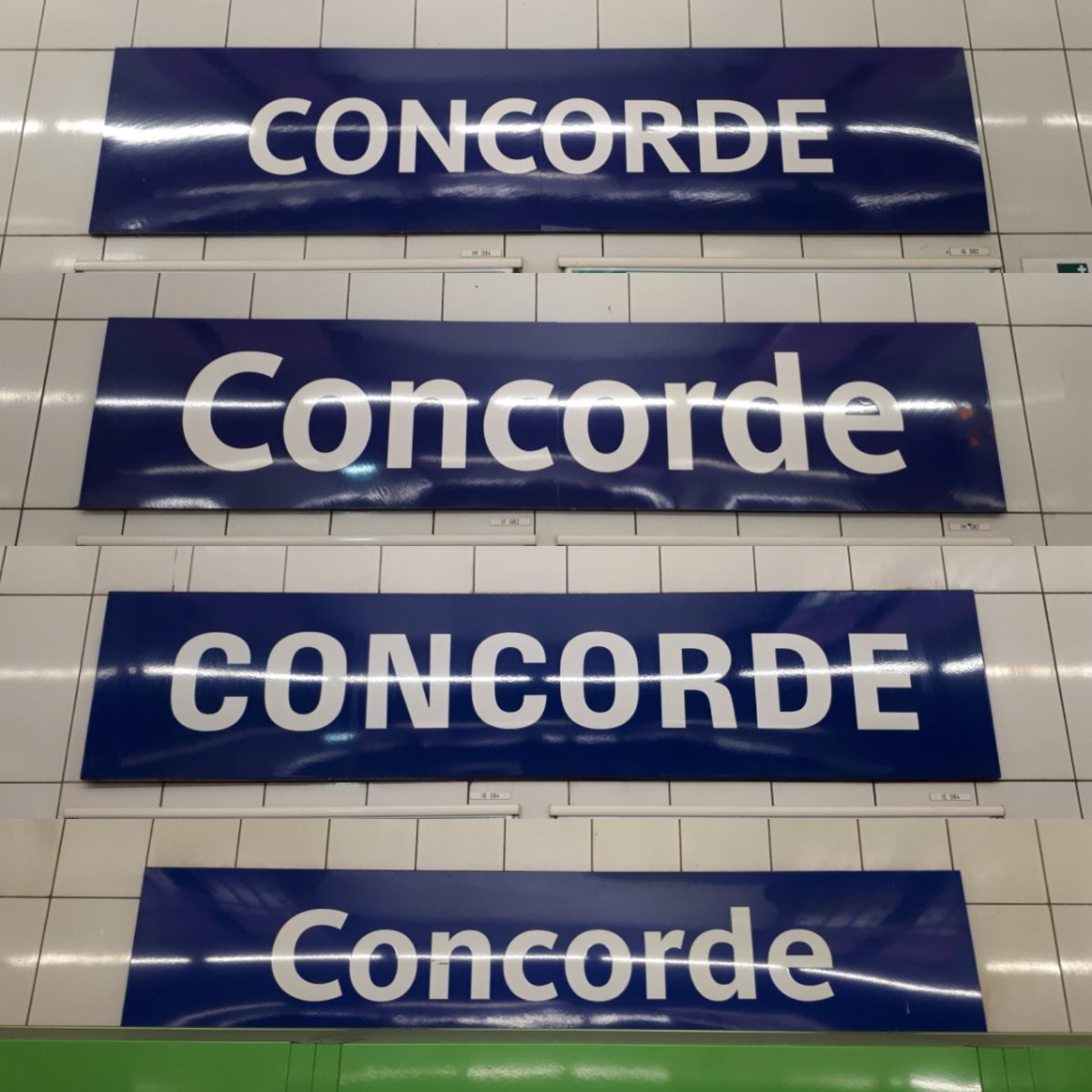 À la station Concorde, le quai de la #ligne8 en direction de Balard offre à voir, à lui tout seul, plusieurs polices de caractères et tailles de typographie différentes sur ses plaques nominatives. 👀