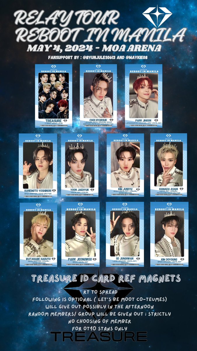 MashiJ ๐ ๐LEGENDARY 7CHILL DAY๐ ๐๐๏ธ (@byunjules0613) on Twitter photo ๐ Fansupport for #TREASURE_REBOOT_IN_MANILA ๐ by : <a href="/ByunJules0613/">MashiJ ๐๐๏ธ Kyoong Day ๐ X Times Mnl tix cutie๐</a> & <a href="/maykie08/">Mykey</a> ๐
Let's go Crazy for Treasure! ๐๐
โ RT to spread
โ Following is optional (Let's be moots ๐)
โ 1:1 only; strictly no choosing of member
โ For OT10 Stans only
Treasure ID Card Ref Magnet ๐๐ ๐ Fansupport for #TREASURE_REBOOT_IN_MANILA ๐ by : <a href="/ByunJules0613/">MashiJ ๐๐๏ธ Kyoong Day ๐ X Times Mnl tix cutie๐</a> & <a href="/maykie08/">Mykey</a> ๐
Let's go Crazy for Treasure! ๐๐
โ RT to spread
โ Following is optional (Let's be moots ๐)
โ 1:1 only; strictly no choosing of member
โ For OT10 Stans only
Treasure ID Card Ref Magnet ๐๐