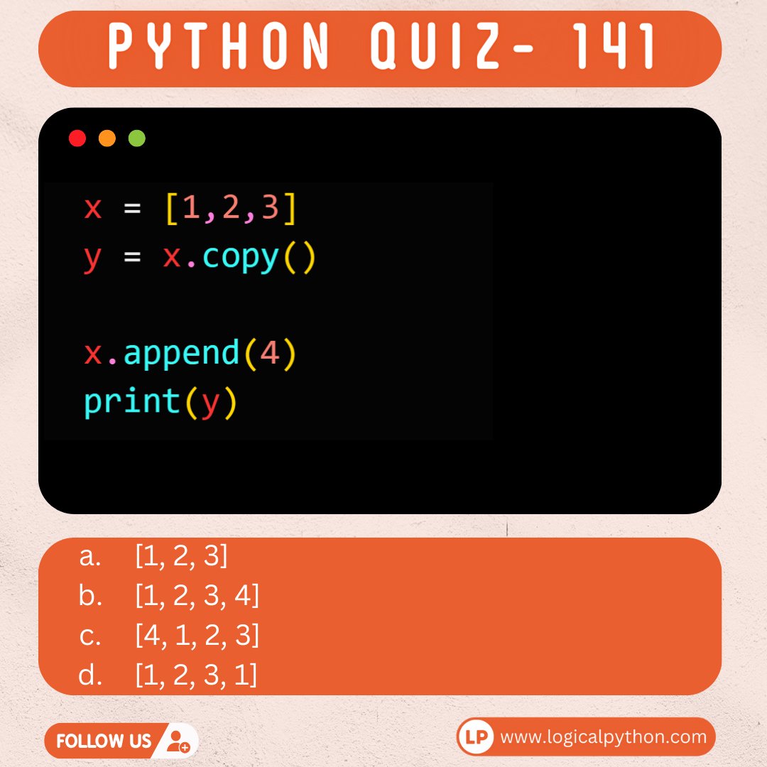 Python Quiz. What is the answer of the below question?

Answer and Explanation :- logicalpython.com/best-python-qu…

#Python #Programming #Coding #pythonprogramming #100DaysofCode