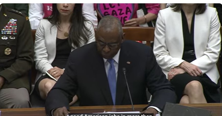 Defense Secretary Lloyd Austin's opening statement at the House Armed Services Committee is interrupted by a pro-Palestine protester (screenshot from just before she stood up). Joint Chiefs Chairman CQ Brown was interrupted a couple minutes later.