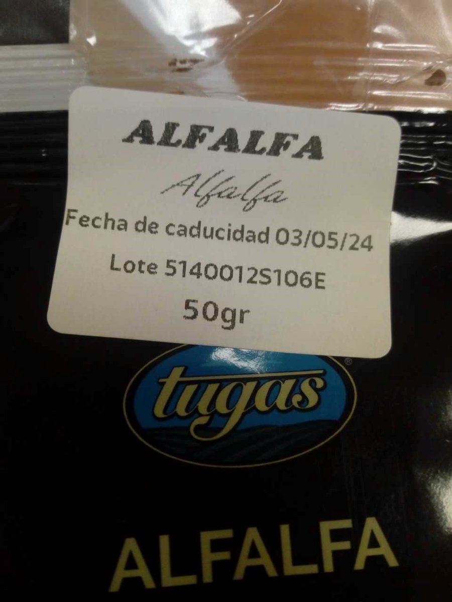 ⚠️Alerta por presencia de Salmonella en brotes germinados de alfalfa. 🚫No consumir ▶️Nombre: Alfalfa. Brotes germinados. ▶️Marca: Tugas ▶️Número de lote: 5140012S106E 📌shorturl.at/dfqU0