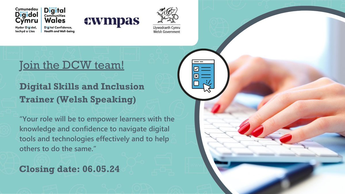DIWCDC's tweet photo. We’re looking for a Welsh-speaking Digital Skills and Inclusion Trainer! 💼
 
💷 £31,799 per year
⌚ Full Time
📃 Fixed term to 31st March 2025
🏡 Home based with some travel as required
 
Apply before next Monday: https://t.co/3oKUSSsdb1 https://t.co/vNbOvhmYMJ