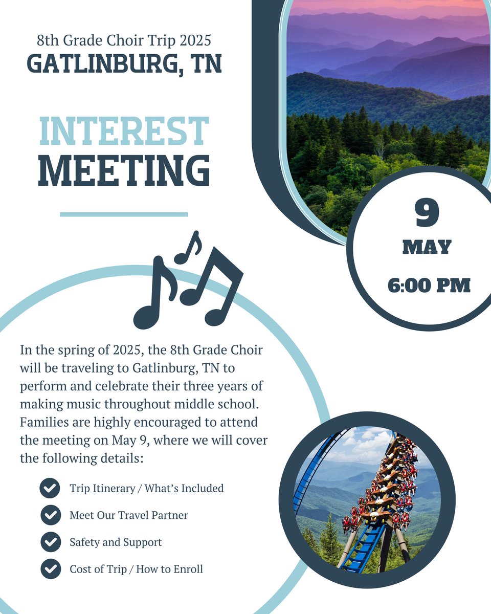 Future 8th Grade Choir Families and Students, we will be explaining details of our 2025 Gatlinburg Trip at our interest meeting on May 9th at 6:00 PM! We can’t wait to see you there!

#RoarJagsRoar #SingJagsSing #YourVoiceMatters