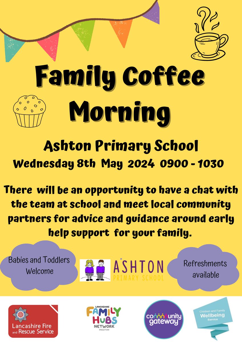COFFEE MORNING NEXT WEEK FOR ASHTON PRIMARY FAMILIES!

We are excited to tell you that we have teamed up with lots of other services to put on a coffee morning at Ashton Primary School next Wednesday 8th May 9-10.30am.

Drop in any time for as long as you like!