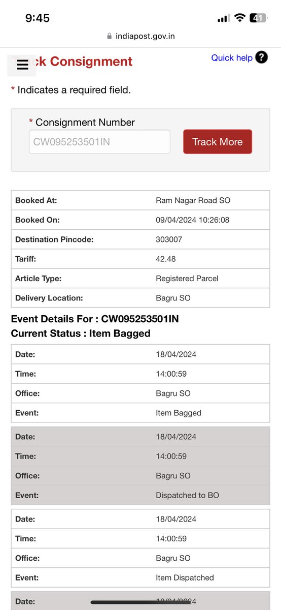 soniirkive's tweet photo. On 9th april one of my parcels was booked from the sub office of India Post. There was lack of updates from the very start. But now there is no update at all since 18th april. it’s been 20 days, still not delivered.

Consignment: CW095253501IN 
@IndiaPostOffice https://t.co/3uYYBRCgeC