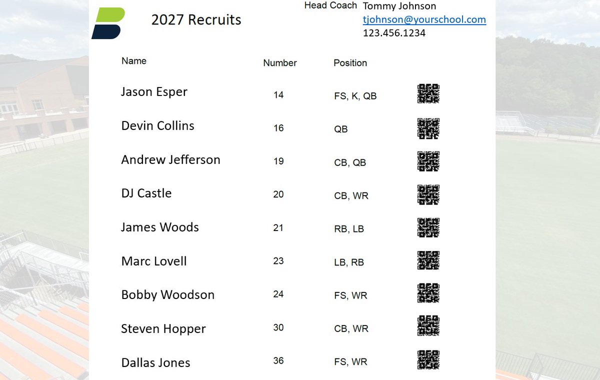 Be different! Be better! HS Football Coaches, you know the recruit spreadsheet that you hand out to visiting college coaches? You could give them a recruit list that enables College coaches to scan straight to their BB complete profile, but go ahead, just give them a spreadsheet.