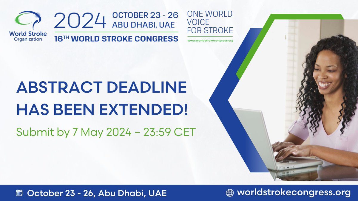 📢 The abstract deadline for #WSC2024 has been extended! You now have until 7 May 2024, to submit your findings and contribute to the global conversation on #StrokeCare: bit.ly/3UiMhFL ➡️ Be part of shaping the future of stroke prevention, treatment, and recovery!