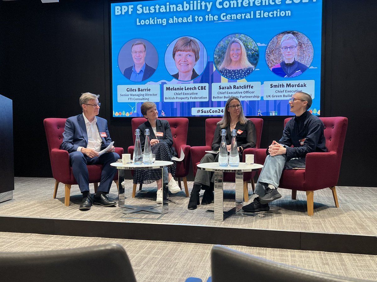 We just had an amazing panel session with Giles Barrie (FTI), and the leaders of the BPF, @UKGBC and @bbpuk: Melanie Leech, Smith Mordak and Sarah Ratcliffe. They explored the general election, what they’d like to see in party manifestos and the future of MEES.