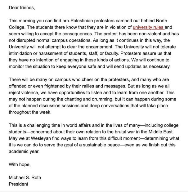 This is how Wesleyan’s president has responded to student protesters. Why can’t other administrators clear this low bar of basic decency and care for their students’ peaceful protests?!