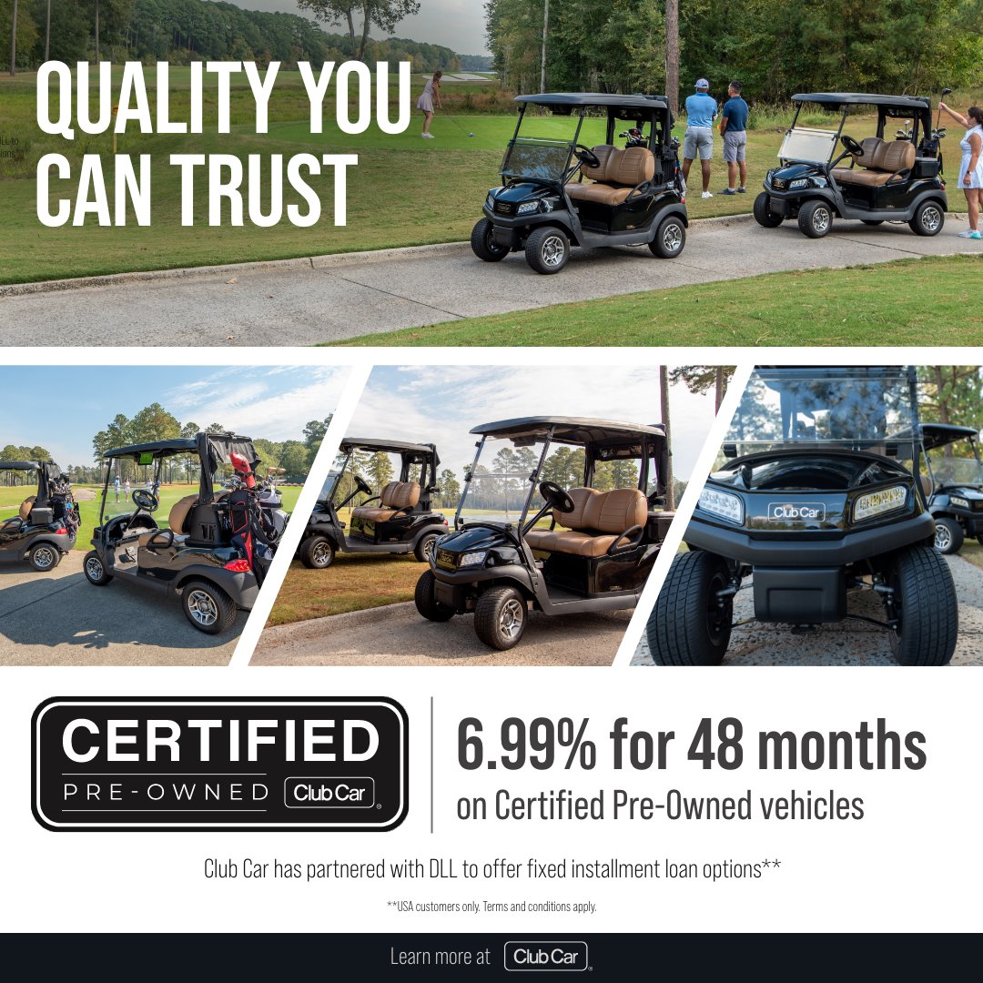 Drive with confidence! Enjoy 6.99% APR for 48 months on Certified Pre-Owned Club Car vehicles. Experience quality you can trust, backed by Club Car's renowned reliability. Don't miss out on this incredible offer! 🚗💨 bit.ly/3GMkiIY