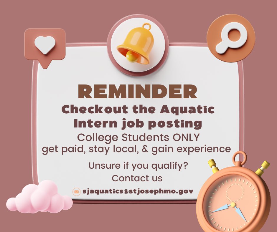 Expand your skills by interning for the City of St. Joseph Missouri Parks, Recreation, and Civic Facilities at their aquatic facilities! Learn more about this position by going to this link🔗 stjosephmo.gov/1017/Jobs