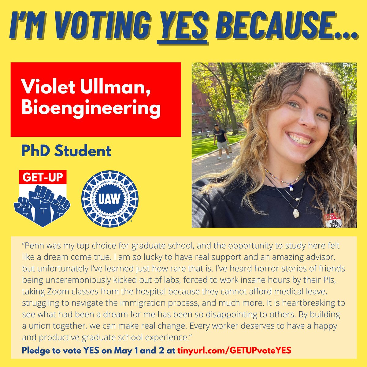 Violet is voting yes TOMORROW(!) because Penn should be a university where every grad worker can thrive. Pledge to vote YES at tinyurl.com/GETUPvoteYES