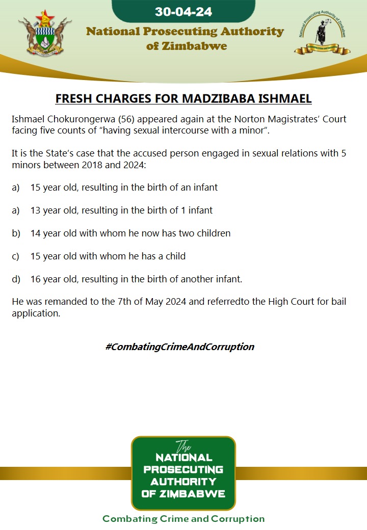 Fresh charges for Madzibaba Ishmael 
#CombatingCrimeAndCorruption