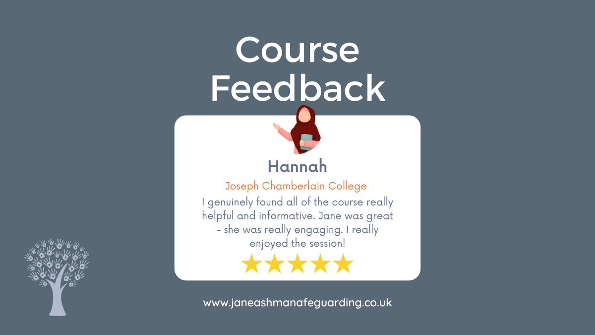 Thanks Hannah!

Your kind words validate the effort put into creating a safe environment for our children.

Together we can make a lasting impact.

Click here to book: janeashmansafeguarding.co.uk/safeguarding-c…

#ChildSafeguarding #ChildSafety