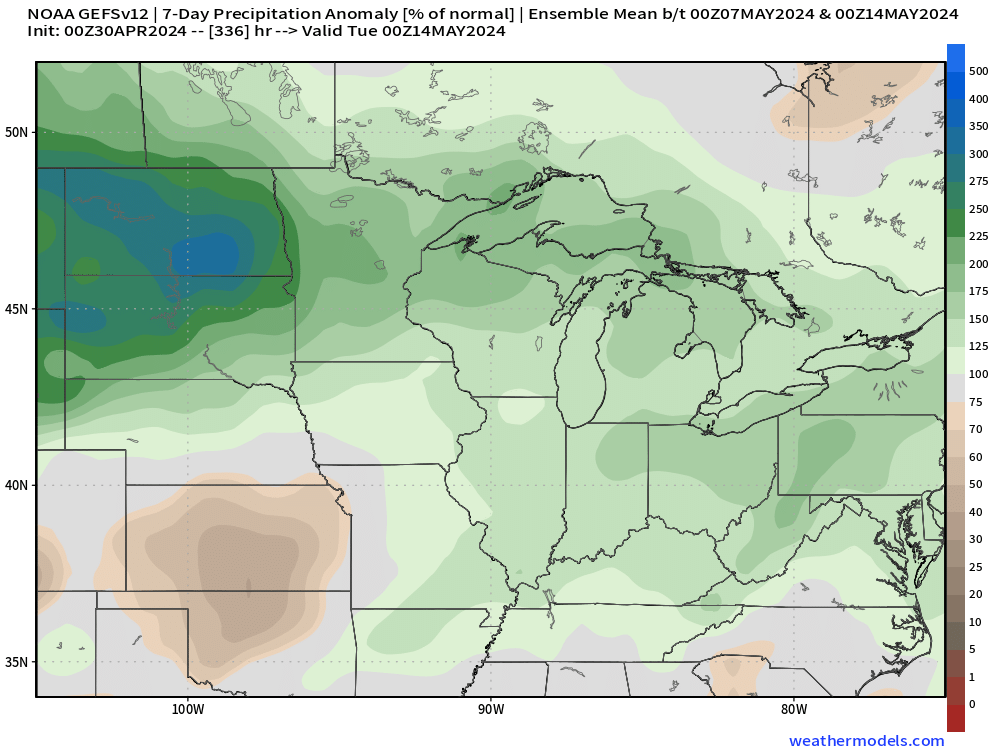 If you're looking for dry time/planting windows, I don't have a lot of good news ahead. The first week of May might not be AS wet as it's been, but not seeing much extended dry time. Overall, the pattern for the #CornBelt remains active the first half of May. An area that