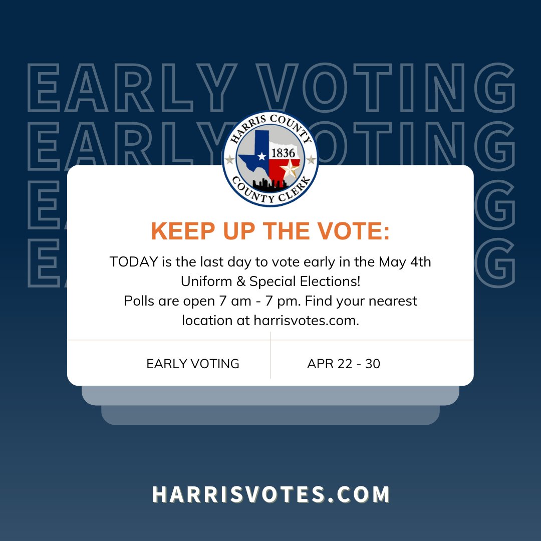 Today is the final day of Early Voting! Visit harrisvotes.com to find your sample ballot. 🗳️✅ #harrisvotes