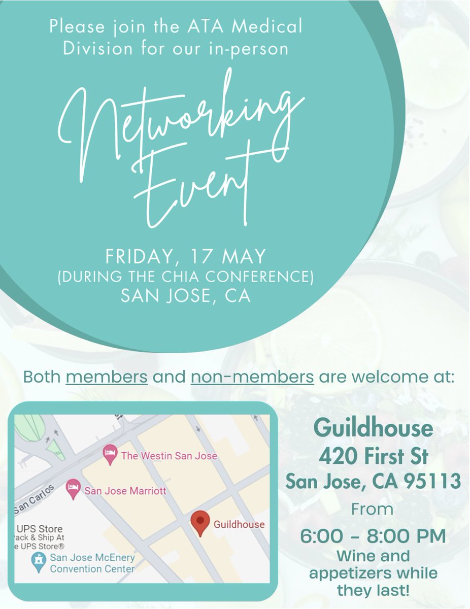 Are you attending the CHIA conference in San José this year? Come join the ATA Medical Division on May 17 for a casual in-person networking session and stick around to socialize afterwards! The invitation is extended to non-members as well. Registration is not required.