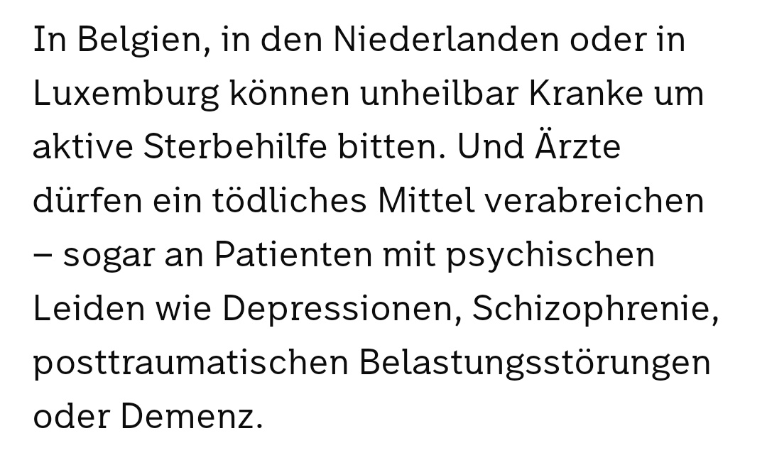 @cervixiaa Demenz einziger Fall wo es Sinn macht, der Rest sollte illegal sein... verstehe nicht wie man auf so ein krankes Gesetz kommt, Sterbehilfe ist nicht für psychische Krankheiten gedacht.