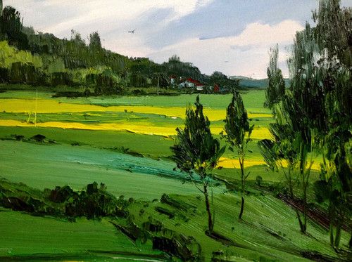 'Green Grasses I' 🌿🌿 (tinyurl.com/bxmeh3pz) 👉 Xue Jinyong. We love the rivers of bright yellow grasses flowing in the background. 🌿🌿 #contemporaryart #chineseart #landscapepainting #art #oilpainting