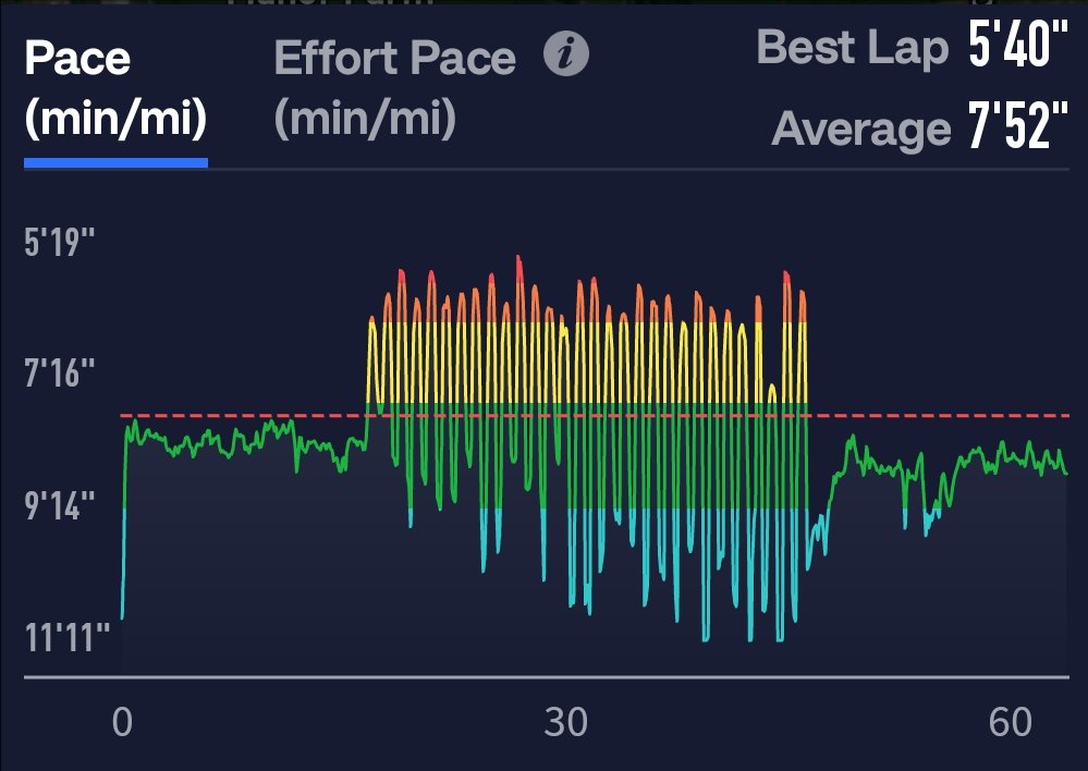30 secs hard, 30 secs easy * 30 reps (plus 2 mile wu &amp; cd) ... tougher than it sounds