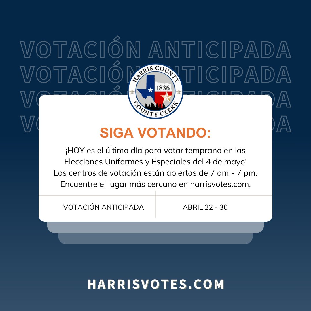 Hoy es el último día para votar anticipadamente ✅🗳️ ¡Visite harrisvotes.com para encontrar su boleta de muestra!